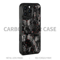 Black frame blue gold metal and carbon fibre protective case for iPhone 17 with a magnetic feature and forged pattern design.