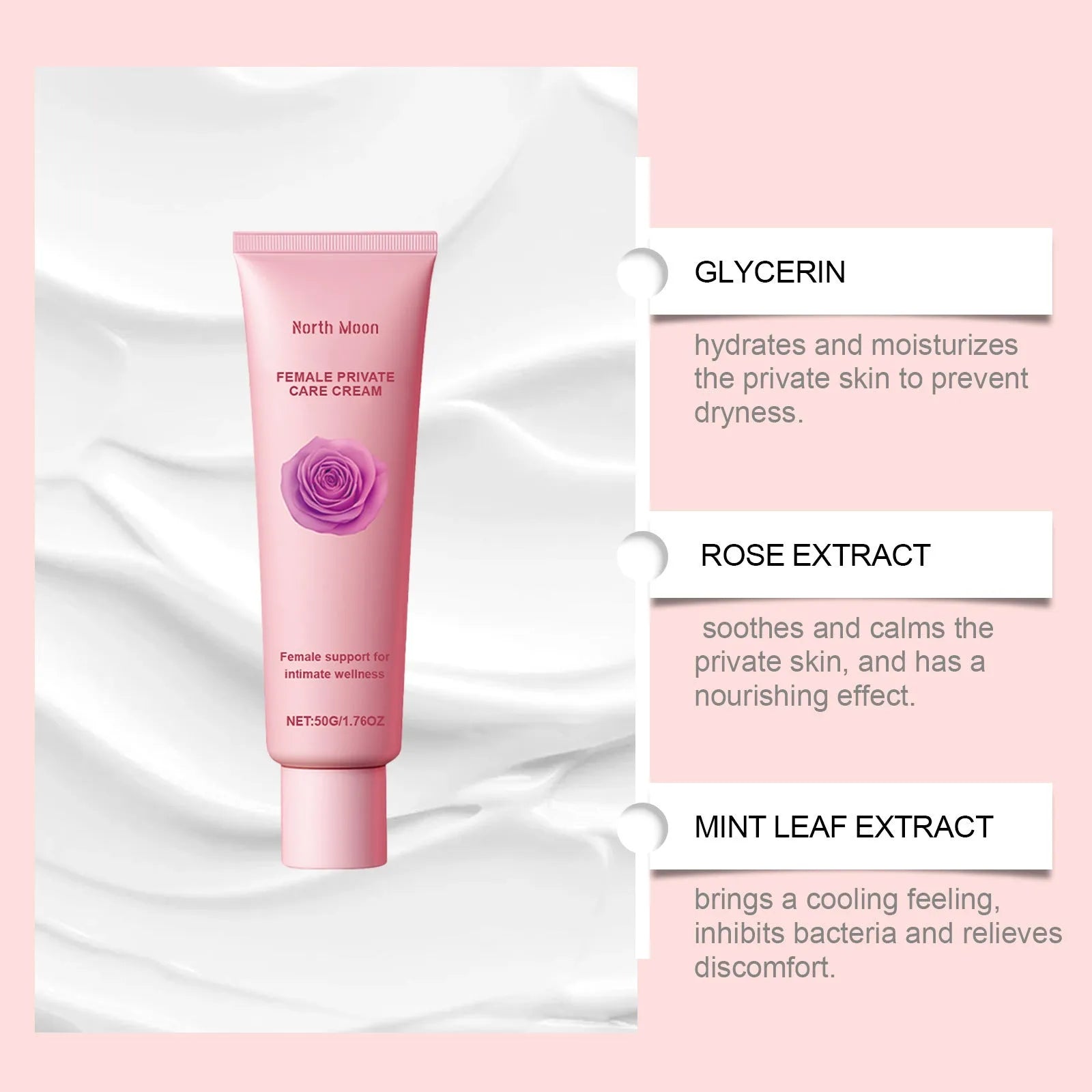 Gentle Care moisturising cream in 50g packaging with rose and peppermint extracts for dry skin