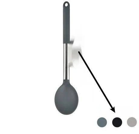 12-piece silicone kitchenware set with rotating storage bucket showing utensils in black, dark grey or khaki colours