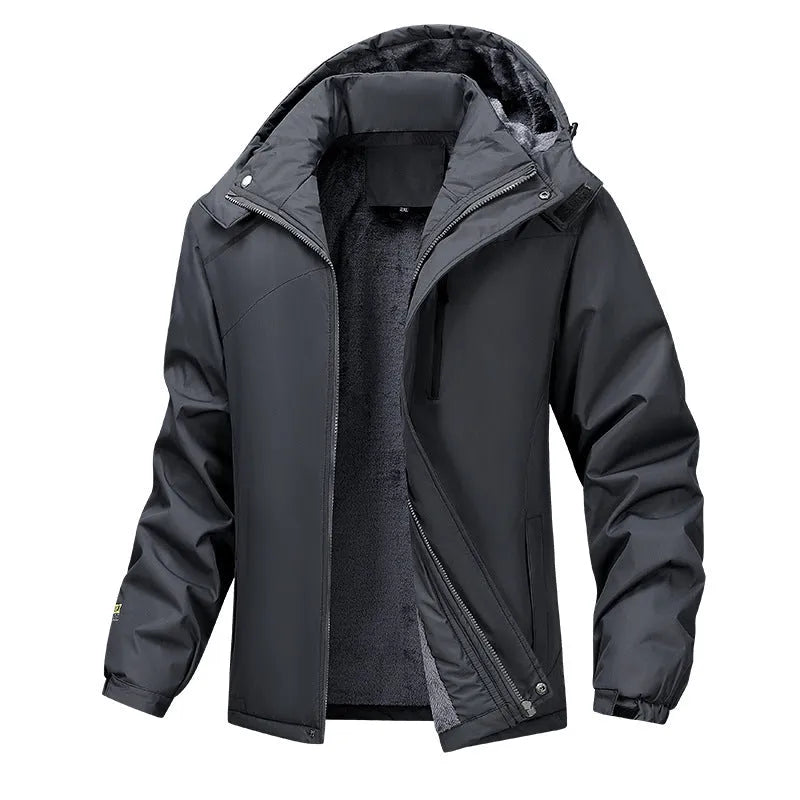 Men's plus size loose fit hooded coat in army green, showing front view with zipper and hood.