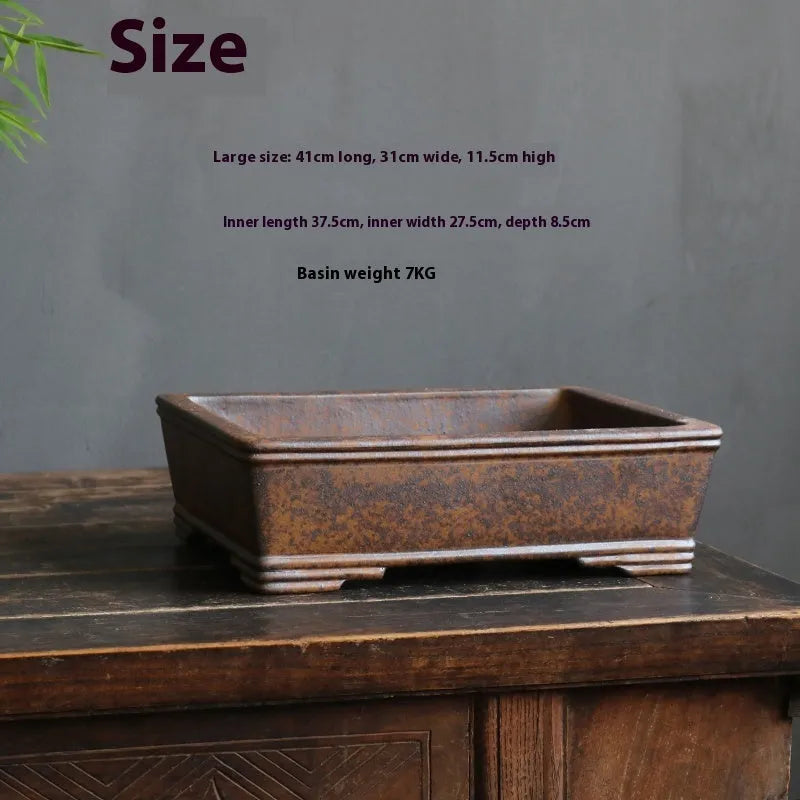 Purple sand rectangular bonsai planter for pine or boxwood trees, shown in large and small size options.