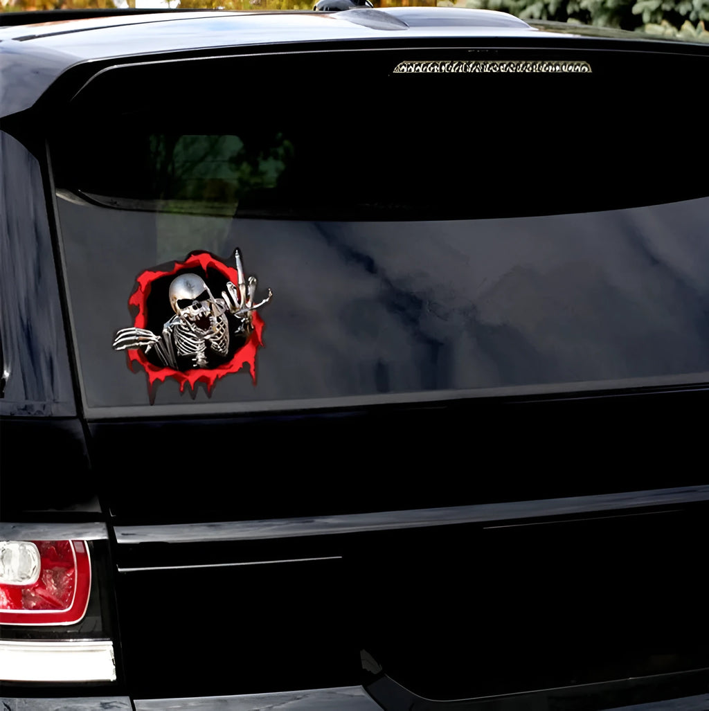 Colourful broken shell design metal skull car bumper sticker measuring 15cm by 14cm