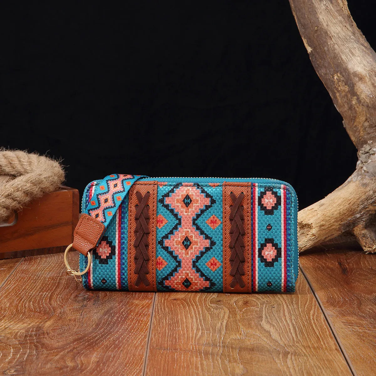 Vintage cotton and linen printed bohemian hand-carrying wallet card holder with contrast colour stitching