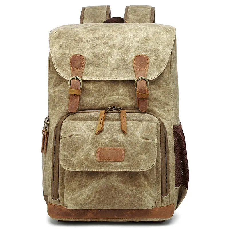 Canvas DSLR camera backpack in khaki colour with waterproof construction and backpack straps