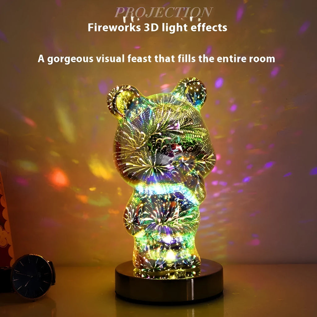 3D glass finger bear bedside lamp with multicoloured fireworks lighting effect
