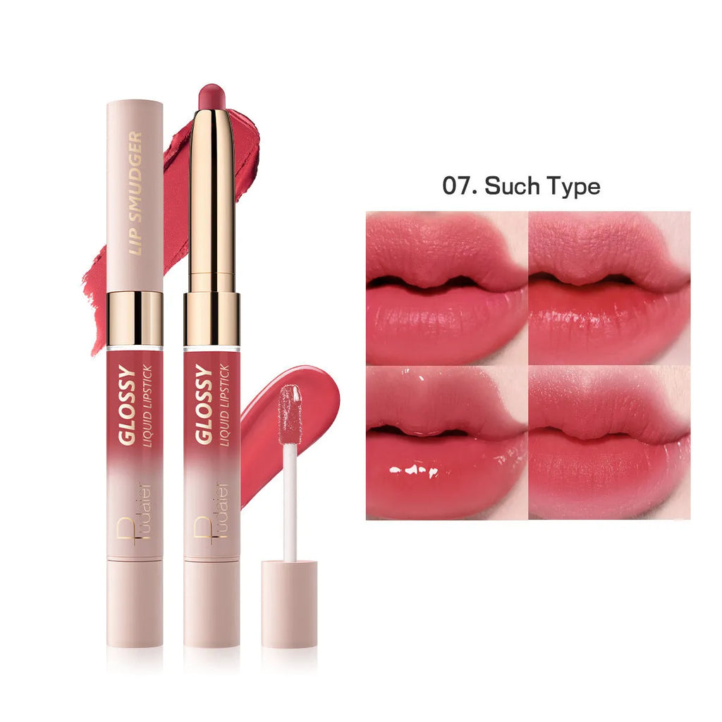 Double-headed matte lipstick and lip gloss cosmetic stick in one of ten available colours.