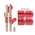 Double-headed matte lipstick and lip gloss cosmetic stick in one of ten available colours.
