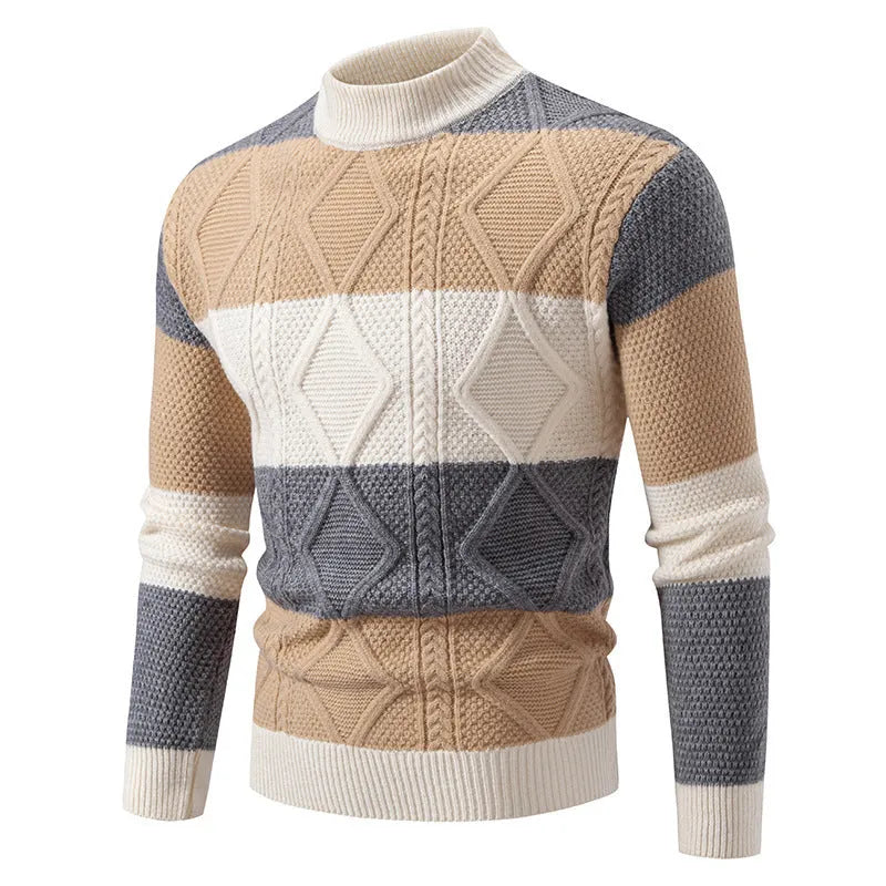 Men's fall winter loose fit colour block rhombus twisted sweater pullover in black, white and khaki