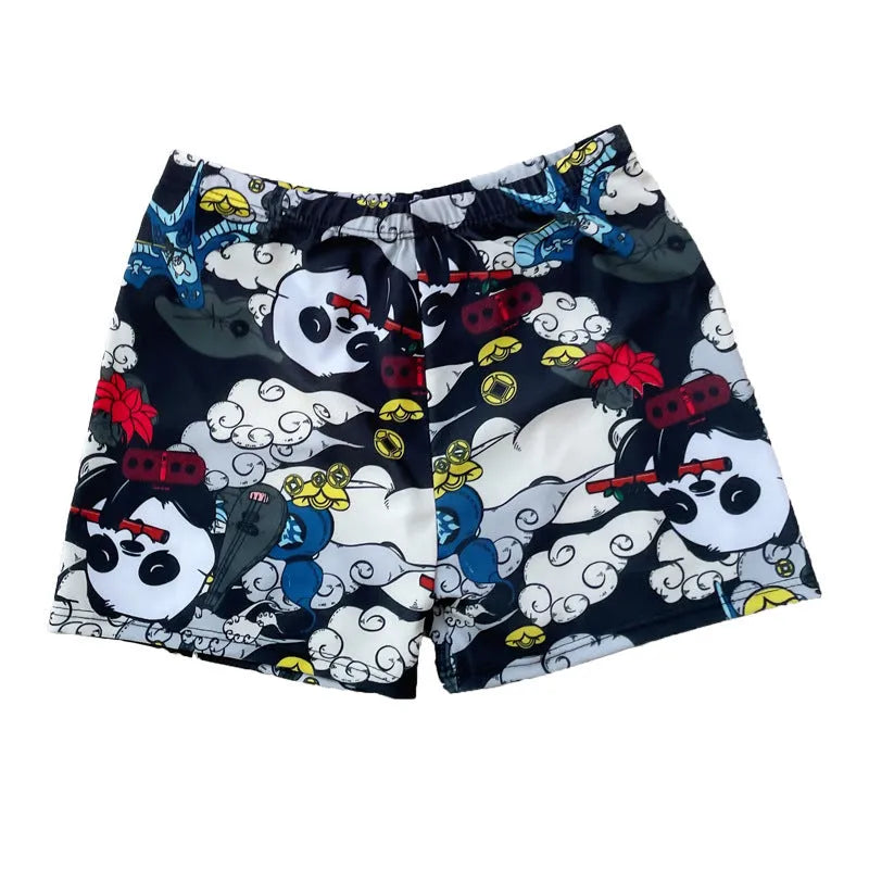 Men's loose-fit polyester swim trunks in dark blue with large flower print, three sizes available