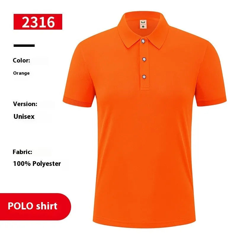 Short sleeve ice silk polo shirt on a hanger, shown in a solid colour with an advertising logo pattern.