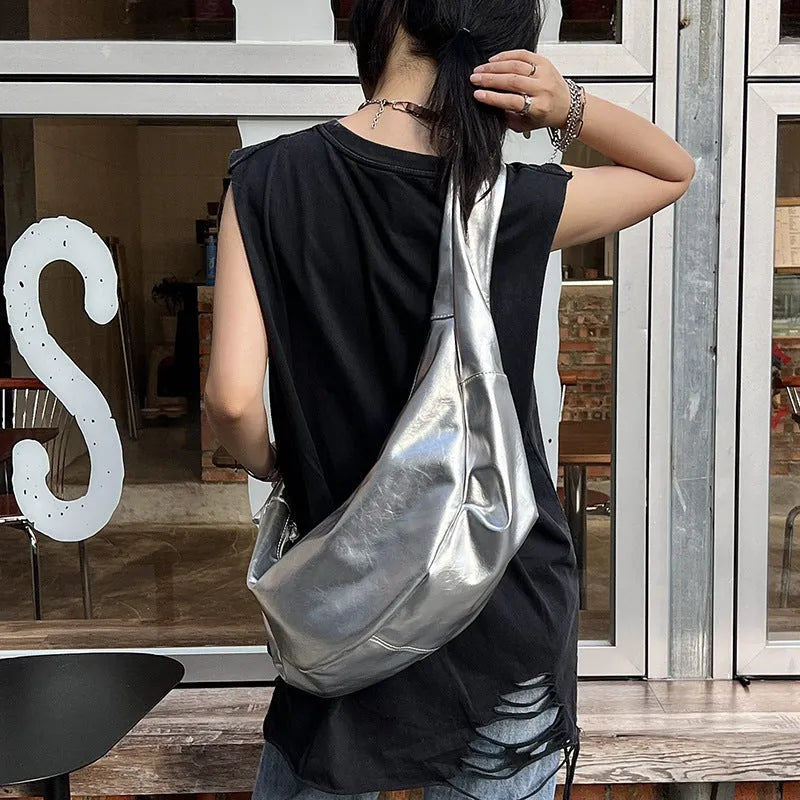 Soft PU large capacity commuter shoulder bag in black, horizontal square shape, with single shoulder strap