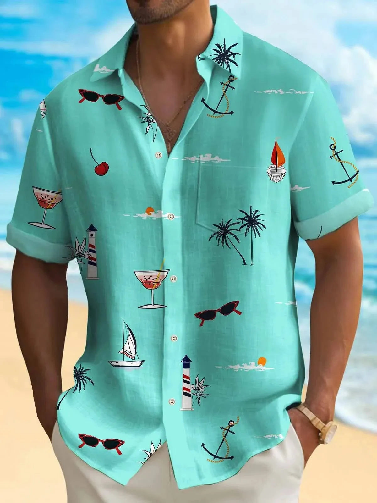 Man wearing a loose-fit digital print Hawaiian shirt in a vibrant colour.