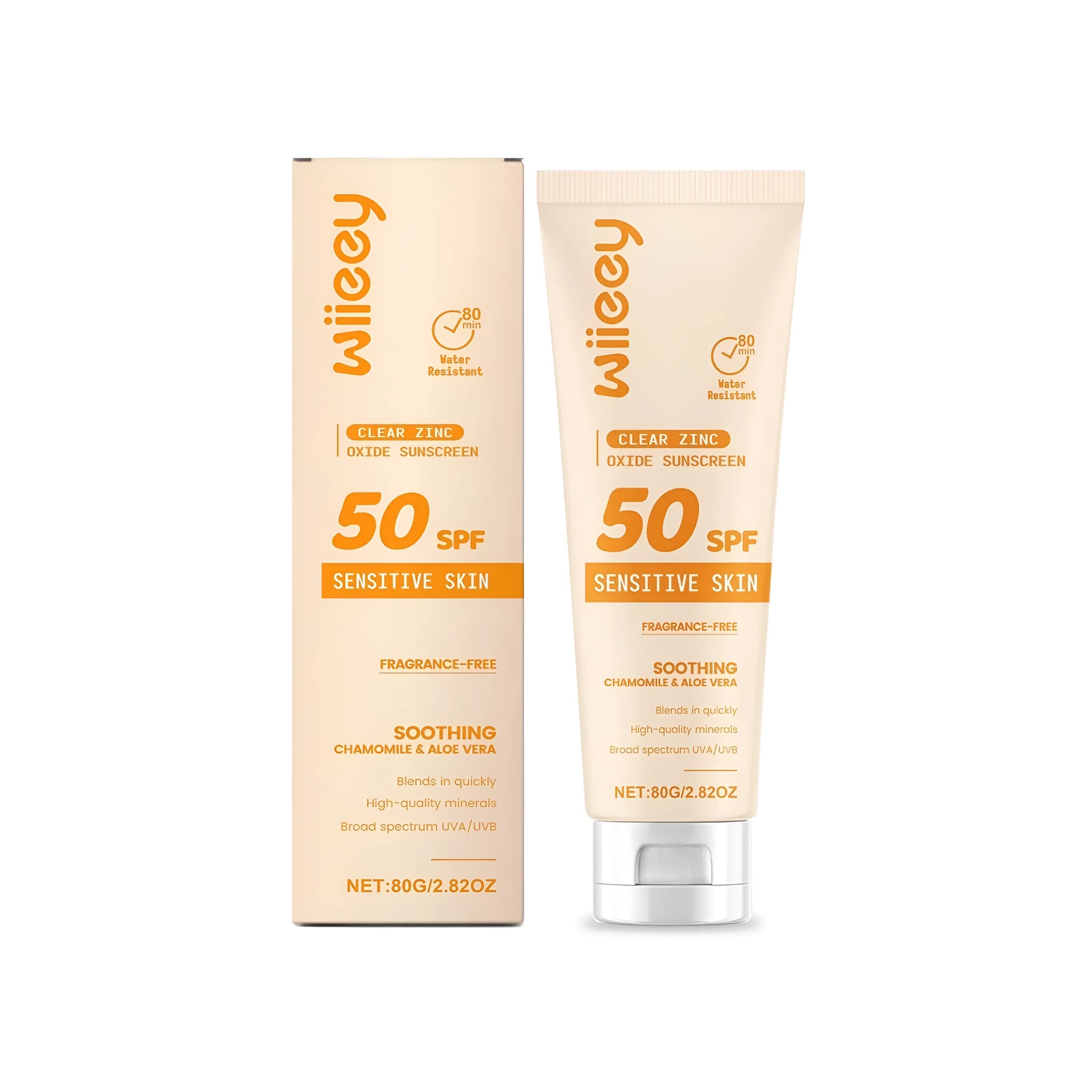 Clear zinc oxide sunscreen 80g tube with mineral protection and botanical extracts