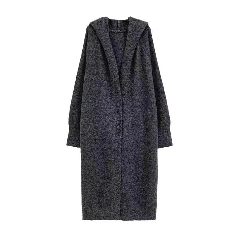 Korean style women's hooded long cardigan in below-the-knee length, loose fit