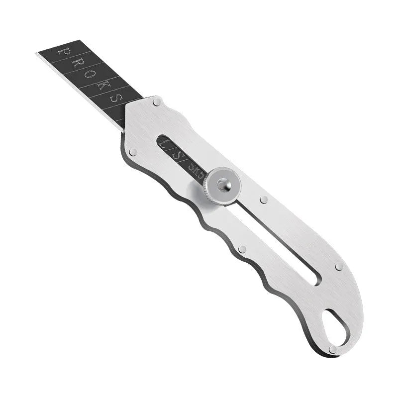 Stainless steel folding art knife with black blade and package of replacement blades