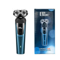 Three-in-one men's electric shaver in blue with USB charging cable