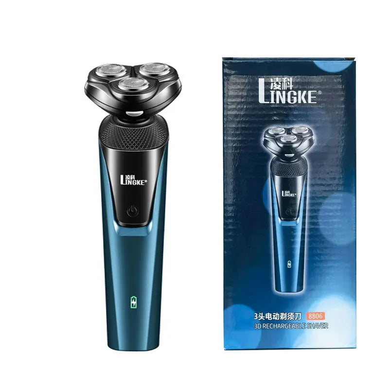 Three-in-one men's electric shaver in blue with USB charging cable