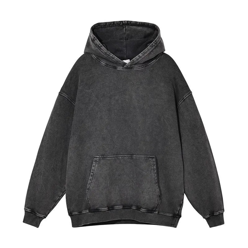 Men's retro washed loose fit cotton batik drop-shoulder pullover sweater in washing hooded brown on white background