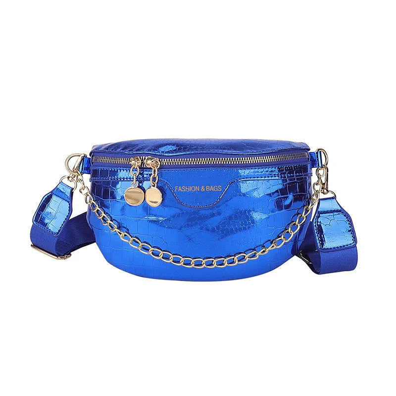 Shiny PU chest bag with chain shoulder strap available in silver colour