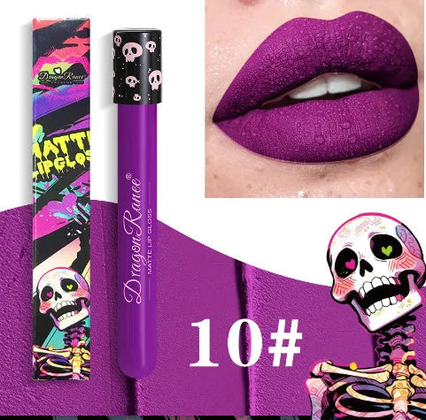 Halloween creative makeup lip gloss in skull test tube packaging with gold and silver matte shades