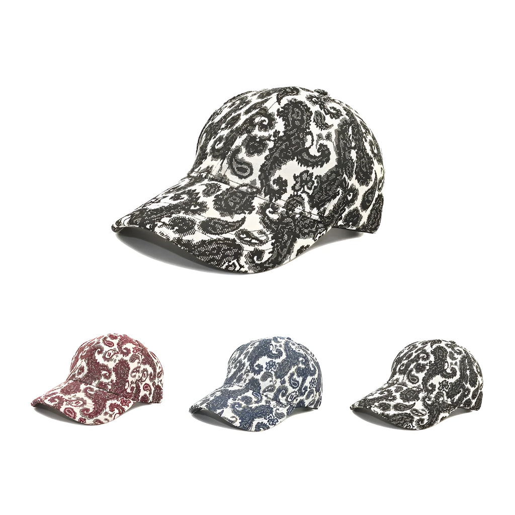 Polyester baseball cap with paisley pattern print in black colour showing dome crown design