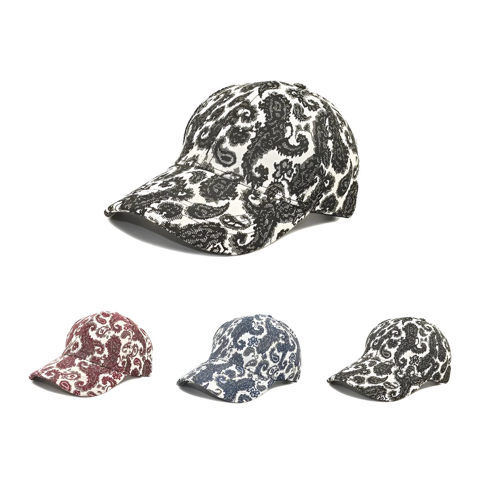 Polyester baseball cap with paisley pattern print in black colour showing dome crown design