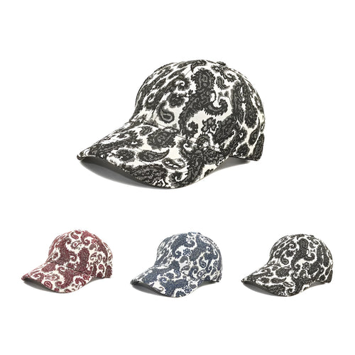 Polyester baseball cap with paisley pattern print in black colour showing dome crown design