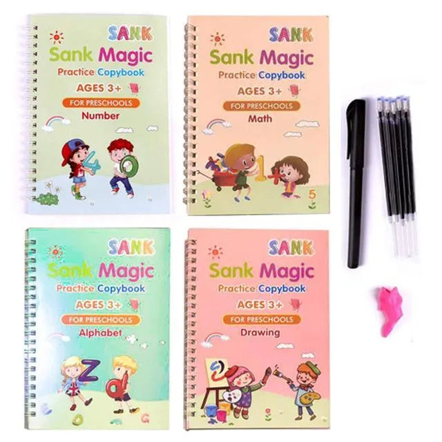 Magic calligraphy copybook set for children with stylus pen and refills, showing square slot design.