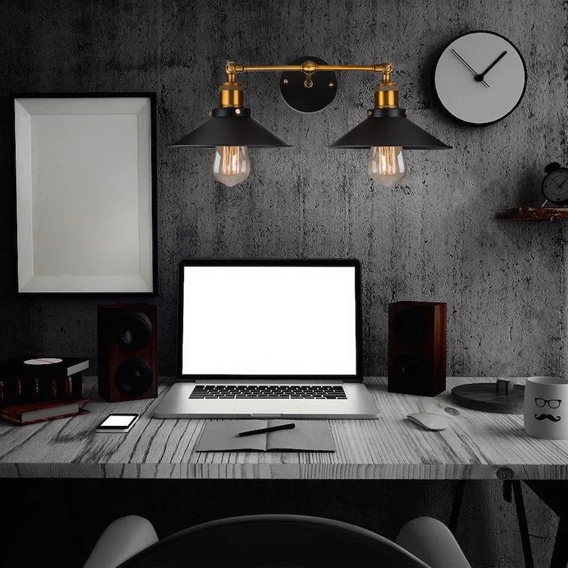 Black industrial dual head wall lamp with retro iron craft design and Edison bulb compatibility