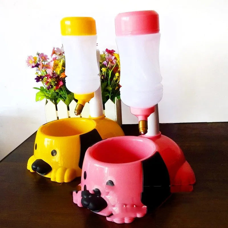 Adjustable rod-lift pet drinking bowl in pink, blue or yellow colours with height adjustment to 42 cm