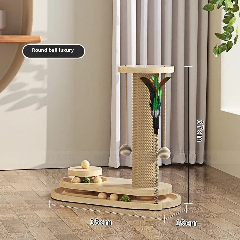 Solid wood cat scratching post with a central rotating turntable, shown in a natural wood finish.