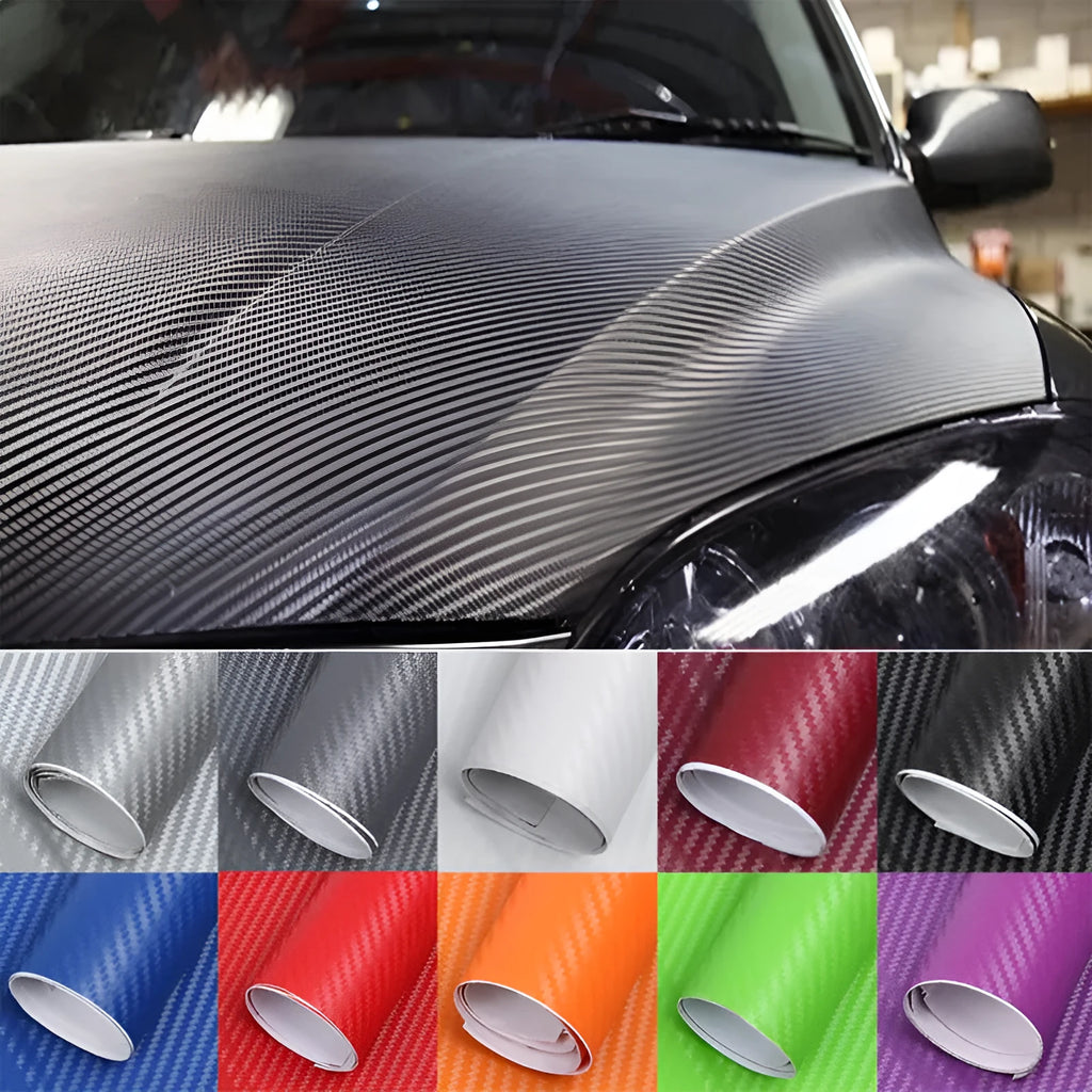 Roll of 3D carbon fibre car sticker in multiple colour options showing dimensions
