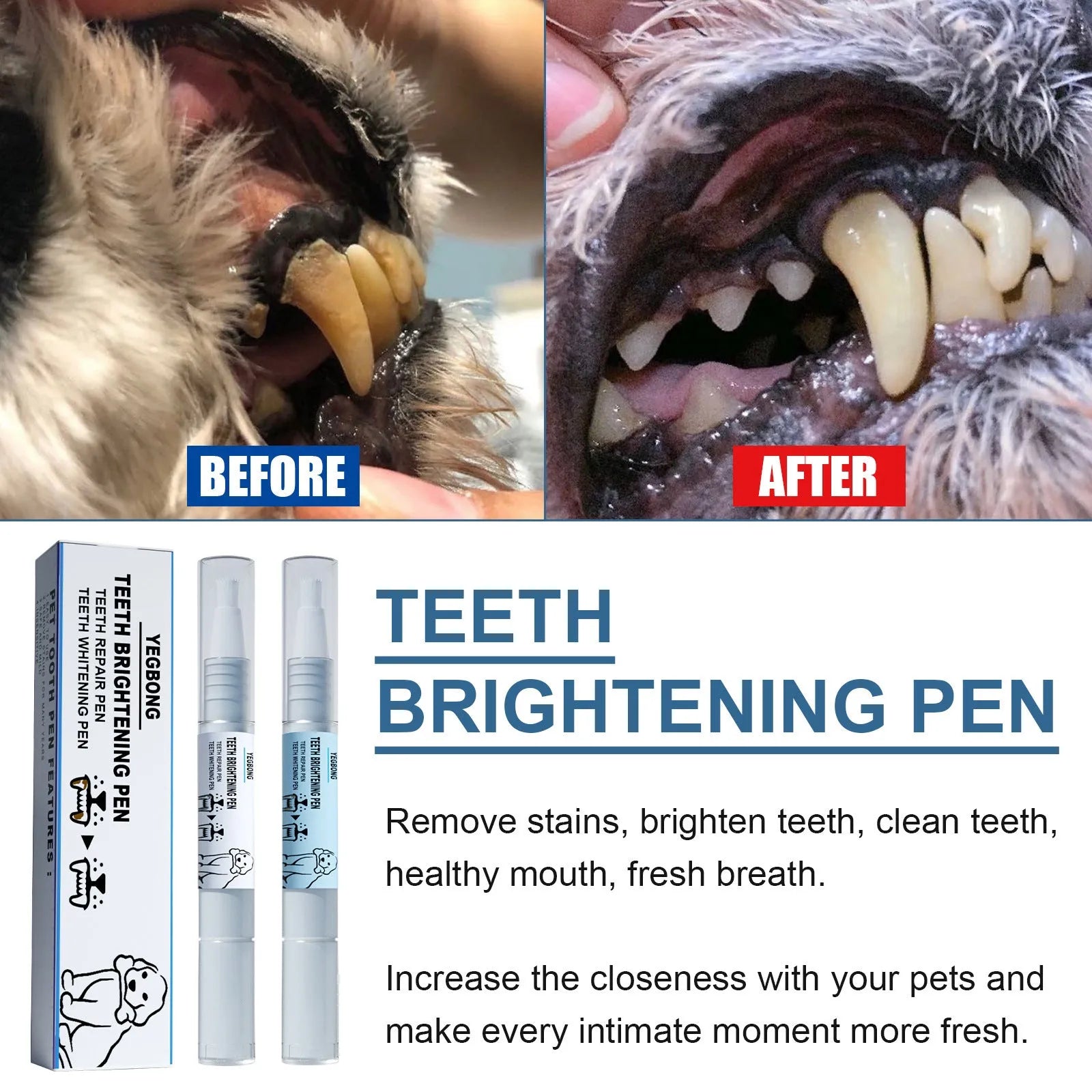 Pet teeth whitening pen set with two 3ml applicators and dental brushes for dog and cat dental care