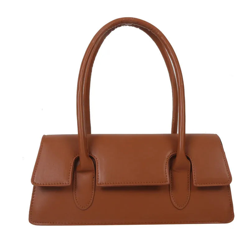Women's horizontal square shoulder bag in PU leather with decorative stitching and single strap