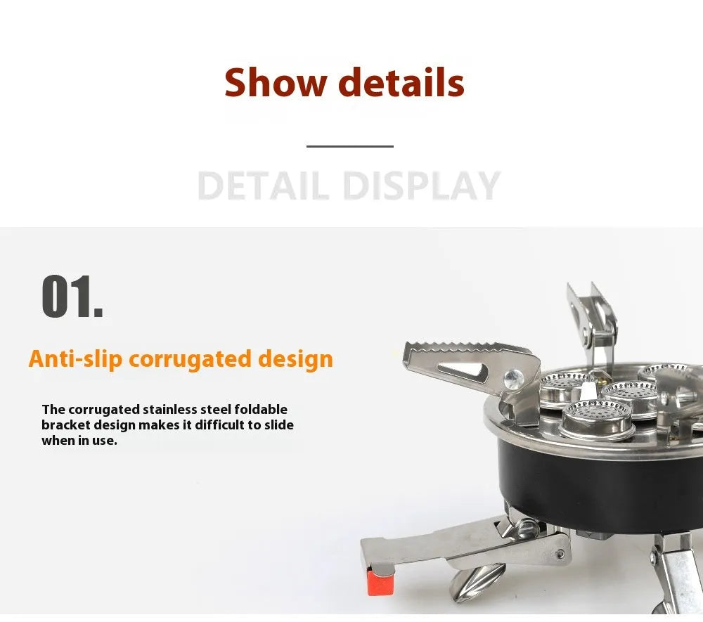 Silver portable split camping stove with stainless steel and copper construction, shown with 100cm hose.