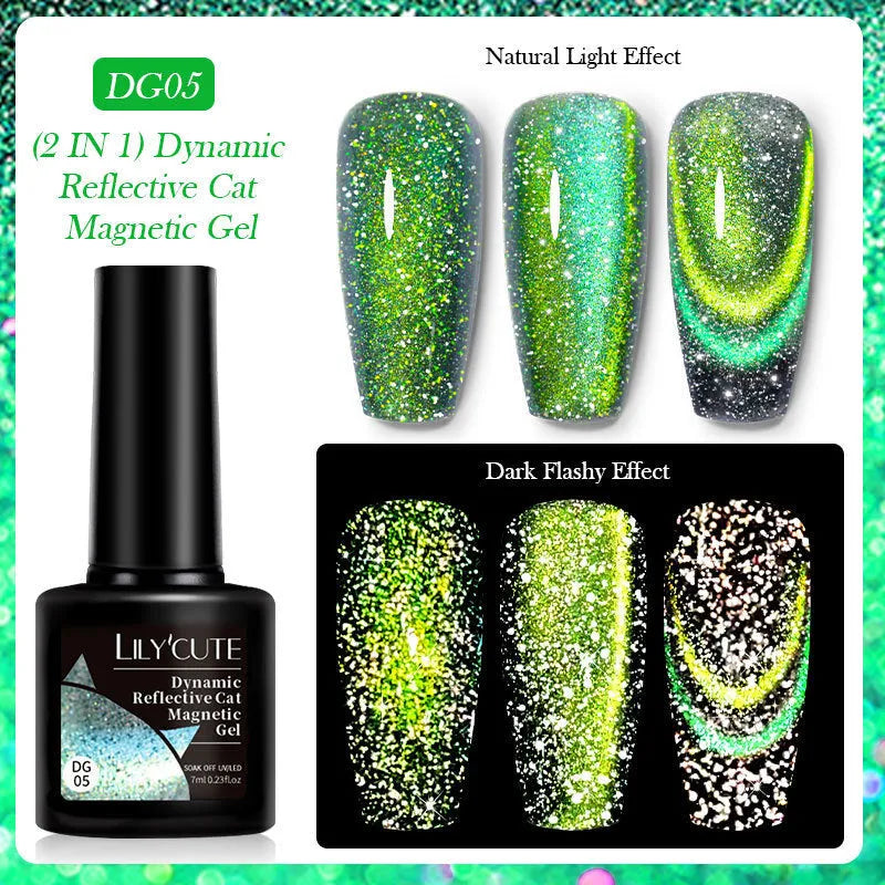Cat eye series gel nail polish bottles showing six colour variations with diamond glitter fragments