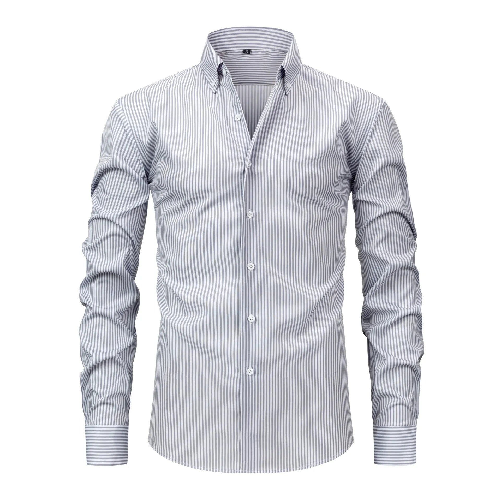 Man wearing a striped long-sleeved anti-wrinkle business casual shirt with a lapel collar.