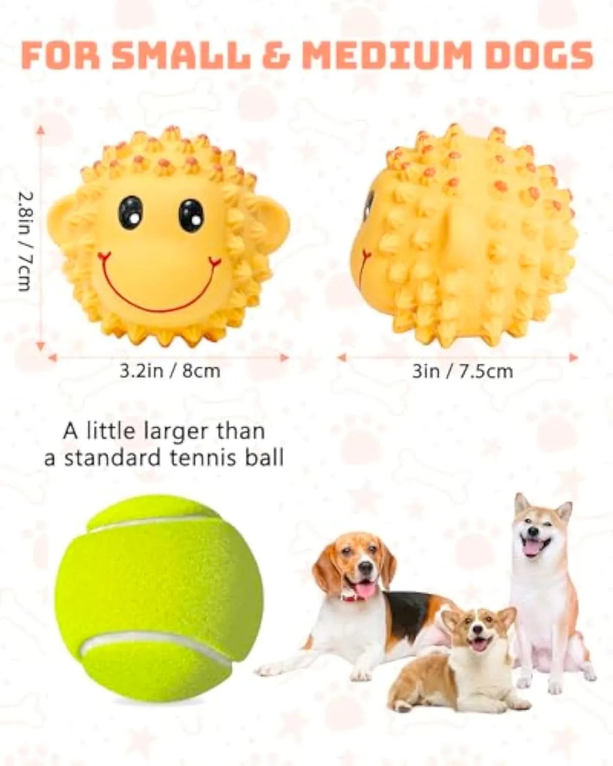 Orange and yellow squeaky latex dog toy with elastic spikes for teeth cleaning