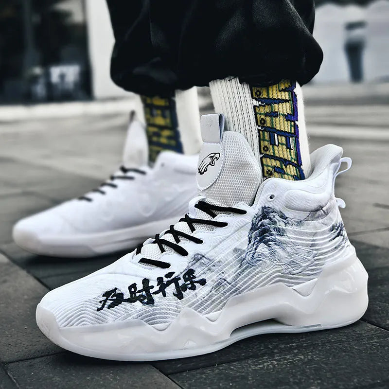 Luminous high-top basketball shoes with graffiti pattern, mesh upper, and rubber outsole available in various colours