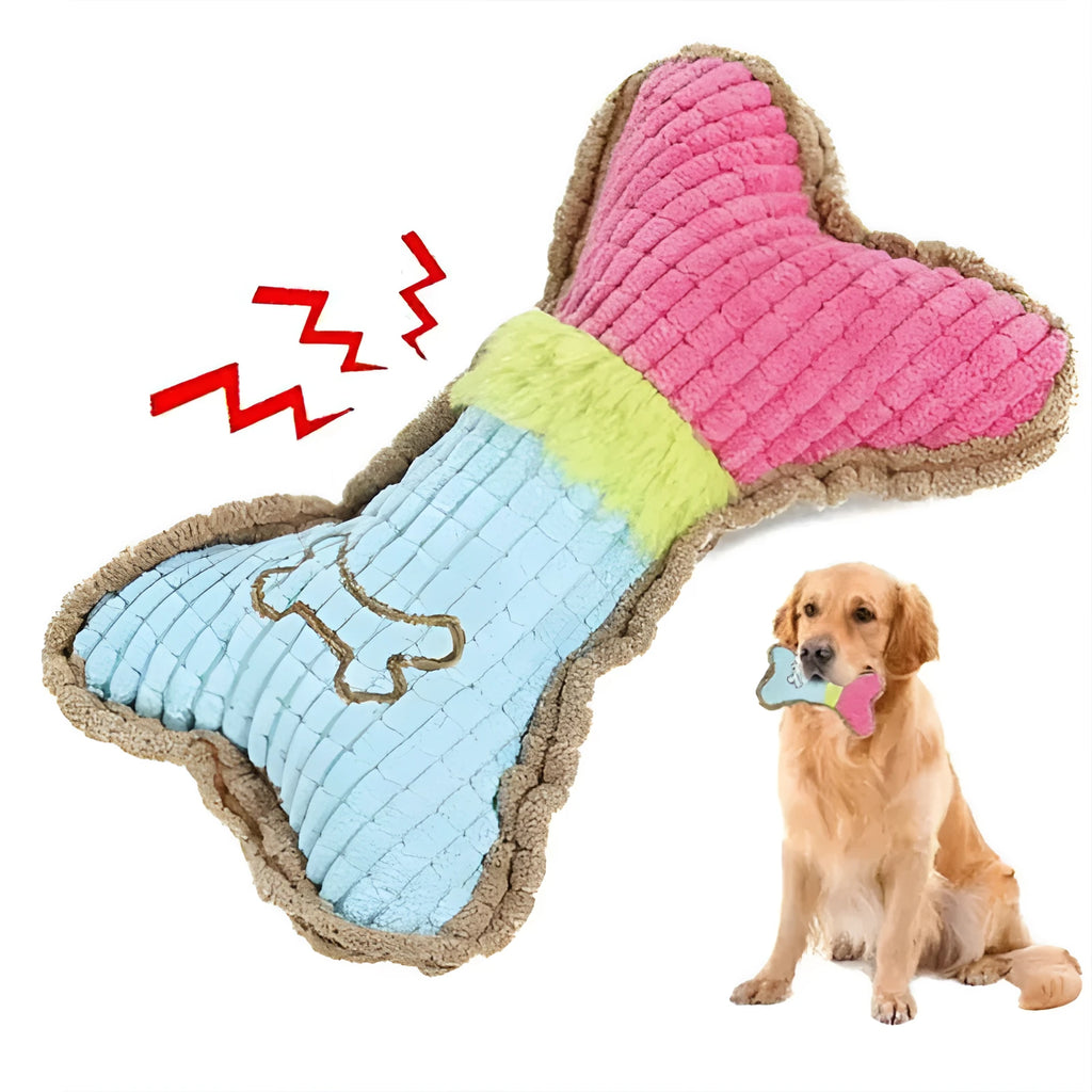 Three plush dog squeaky toys in blue white colour, each measuring 17x10x2cm, on a light background