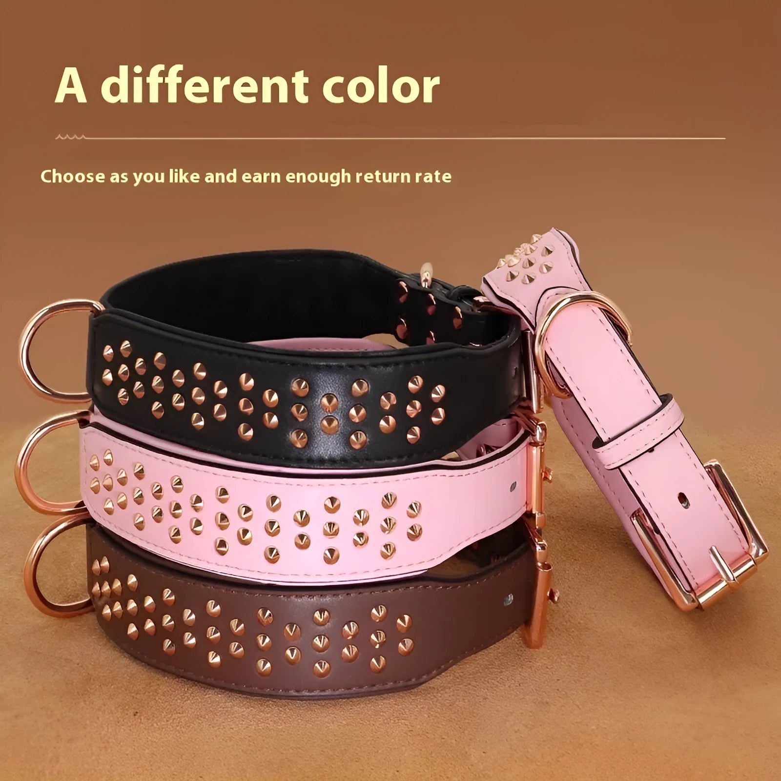 Black leather dog collar with metal anti-bite rivets, shown with chocolate and pink colour options.