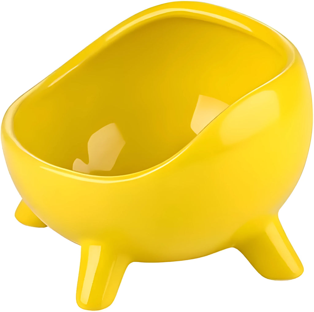 Green four-legged ceramic cat food bowl for indoor pets with wide mouth design