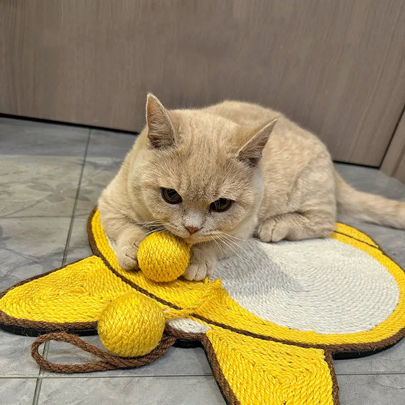 Yellow cat scratching pad with Corgi dog butt design, made from natural sisal with anti-slip base.