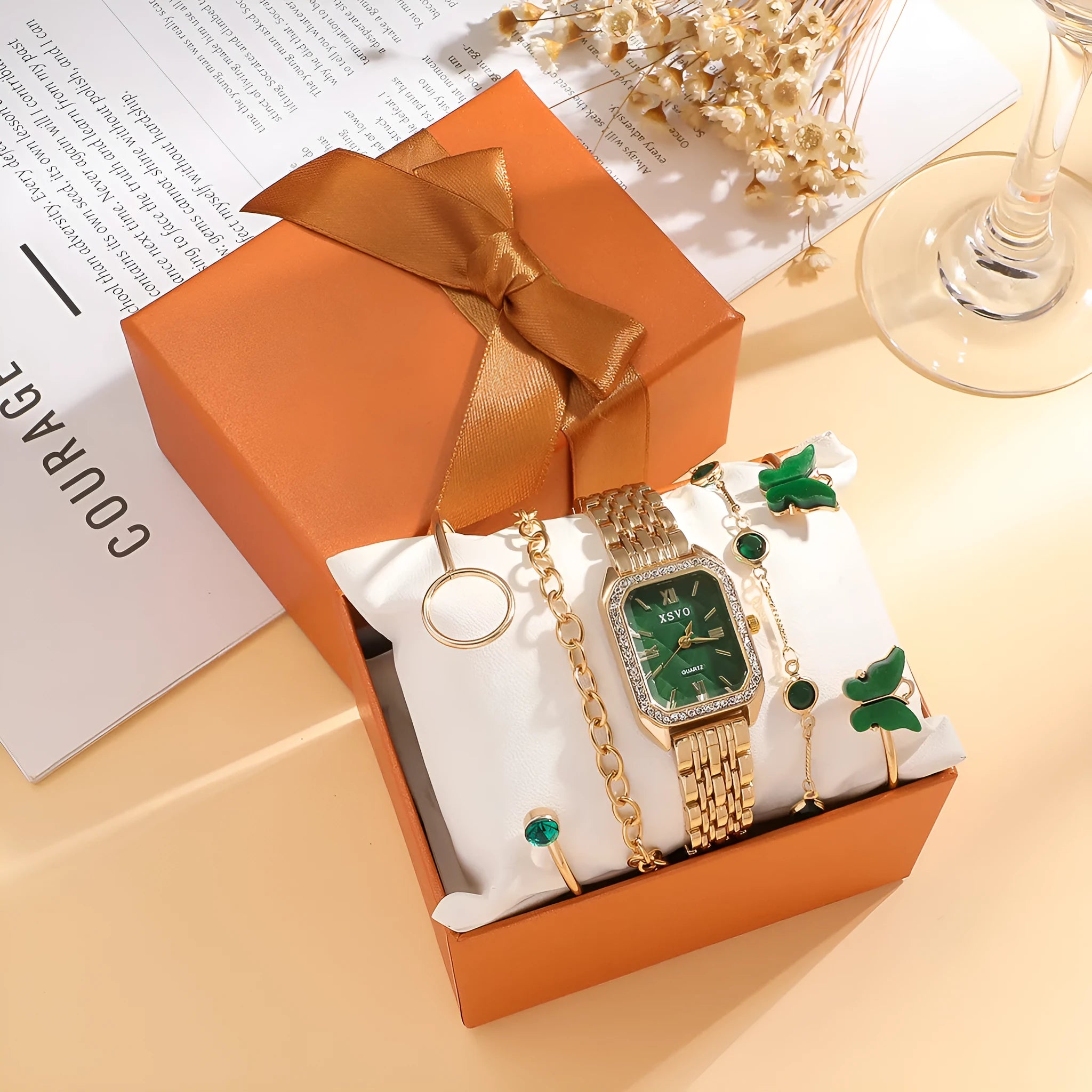 Wild Emerald gold green square ladies watch with four matching bracelets in gift set packaging