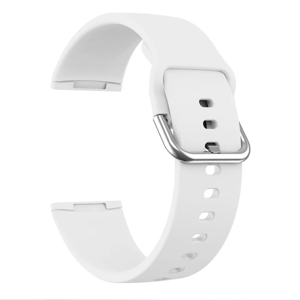 Silicone replacement strap with silver buckle for Fitbit Versa 3 and Sense 2 in multiple solid colours.