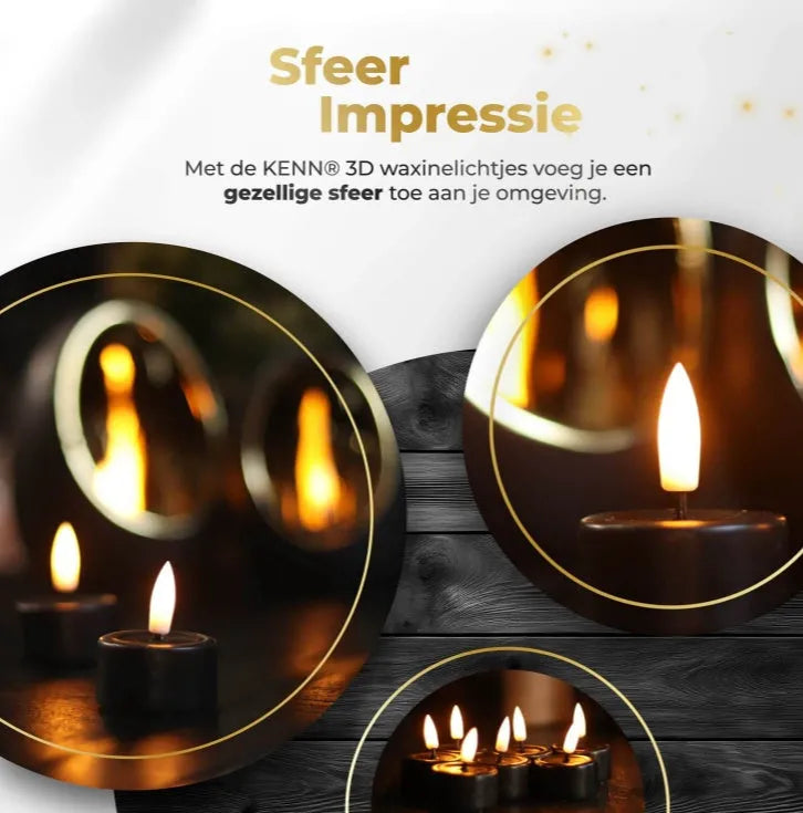 Four black S10 LED tealight candles showing dimensions and flameless LED lighting