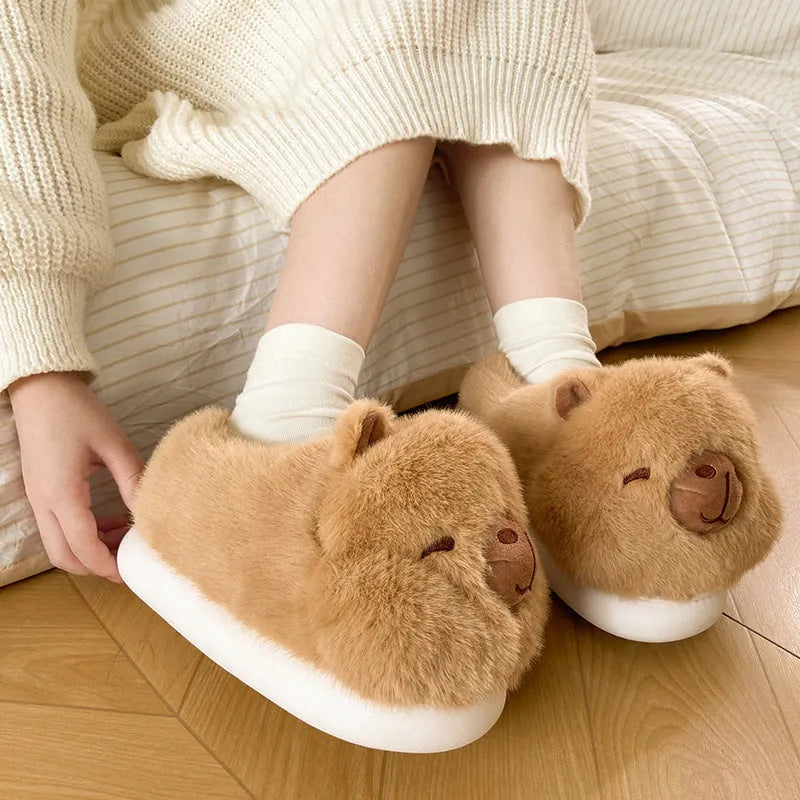 Light brown women's winter slippers with artificial wool lining and cartoon pattern