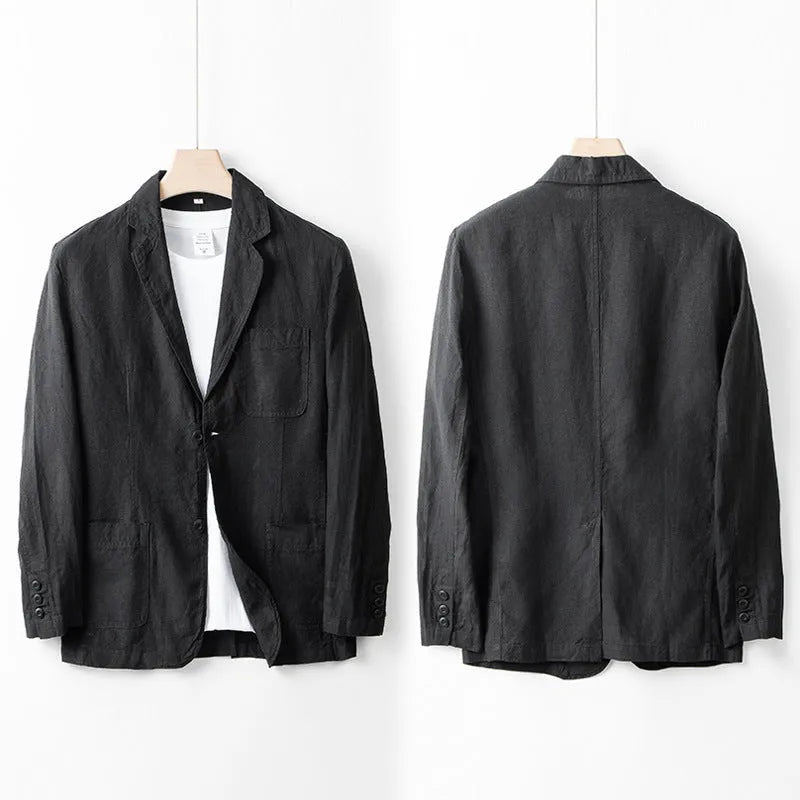 Men's loose fit linen casual suit jacket in solid colour, shown in available colours: white, black, natural linen, sky blue, navy blue.