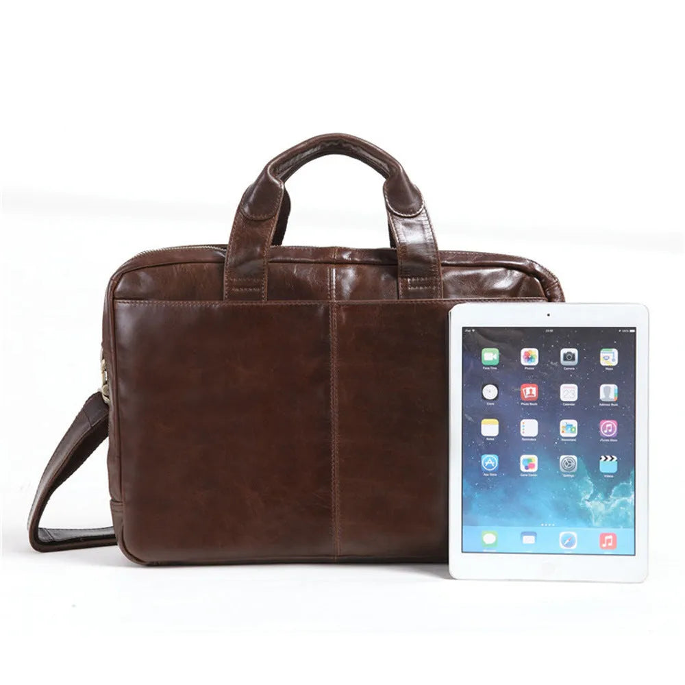 Brown 18 inch men's business briefcase made from first layer cowhide leather