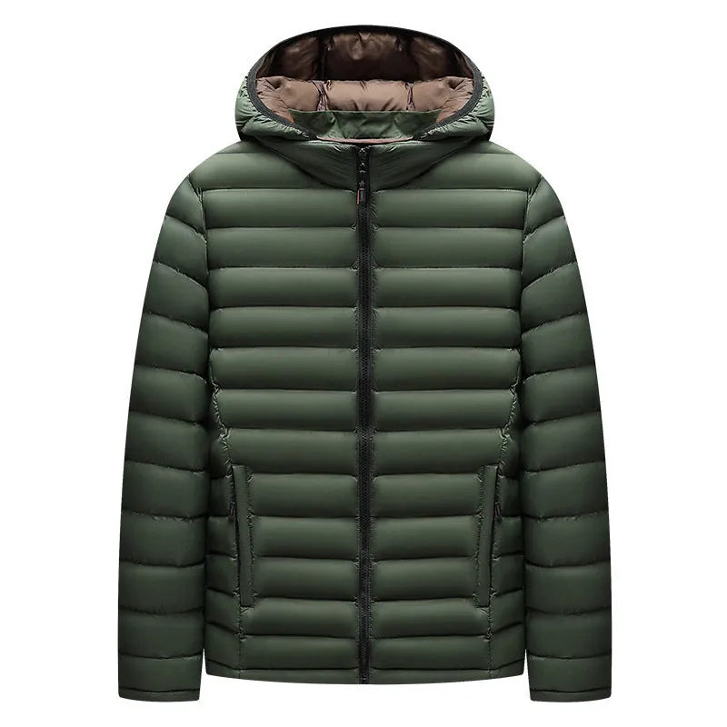 Men's lightweight black down jacket with a hood and detachable collar, showing zipper and pocket detail.